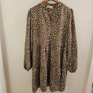 Beeson River Brown V-neck Flowy Long Sleeve Dress with White Dots Size L